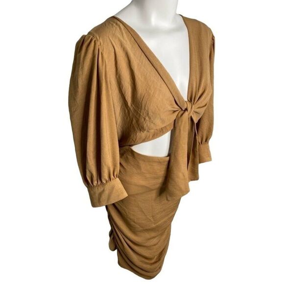 Asos Design Front Tie Cutout Ruched 3/4 Sleeve Mini Dress sz 14 - Picture 3 of 12